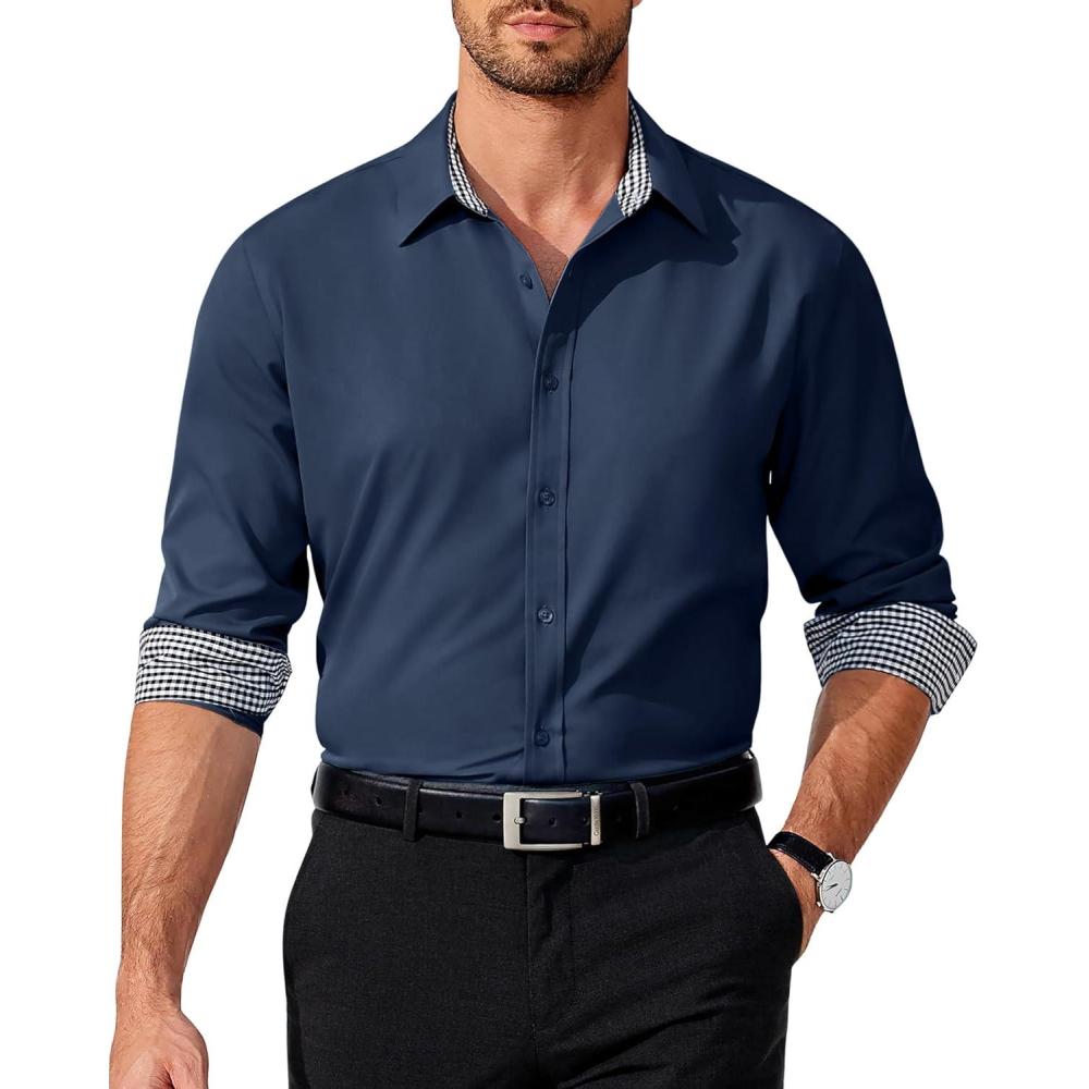 imageCOOFANDY Mens Dress Shirt Long Sleeve Casual Button Down Shirt Wrinkle Free Formal Business ShirtsNavy Blue Solid