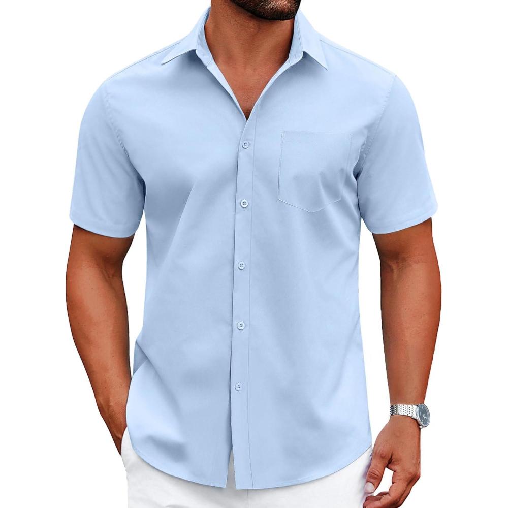 imageCOOFANDY Mens Dress Shirts Short Sleeve Business Casual Shirts Regular Fit Casual Button Down Untucked ShirtsBlue