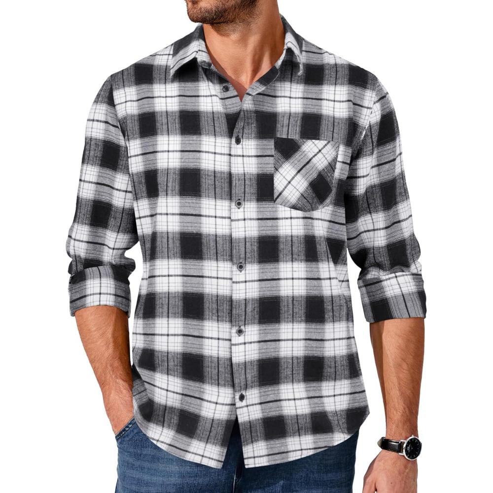 imageCOOFANDY Mens Flannel Shirts Long Sleeve Button Down Plaid Shirt Lightweight ShirtBlack  White