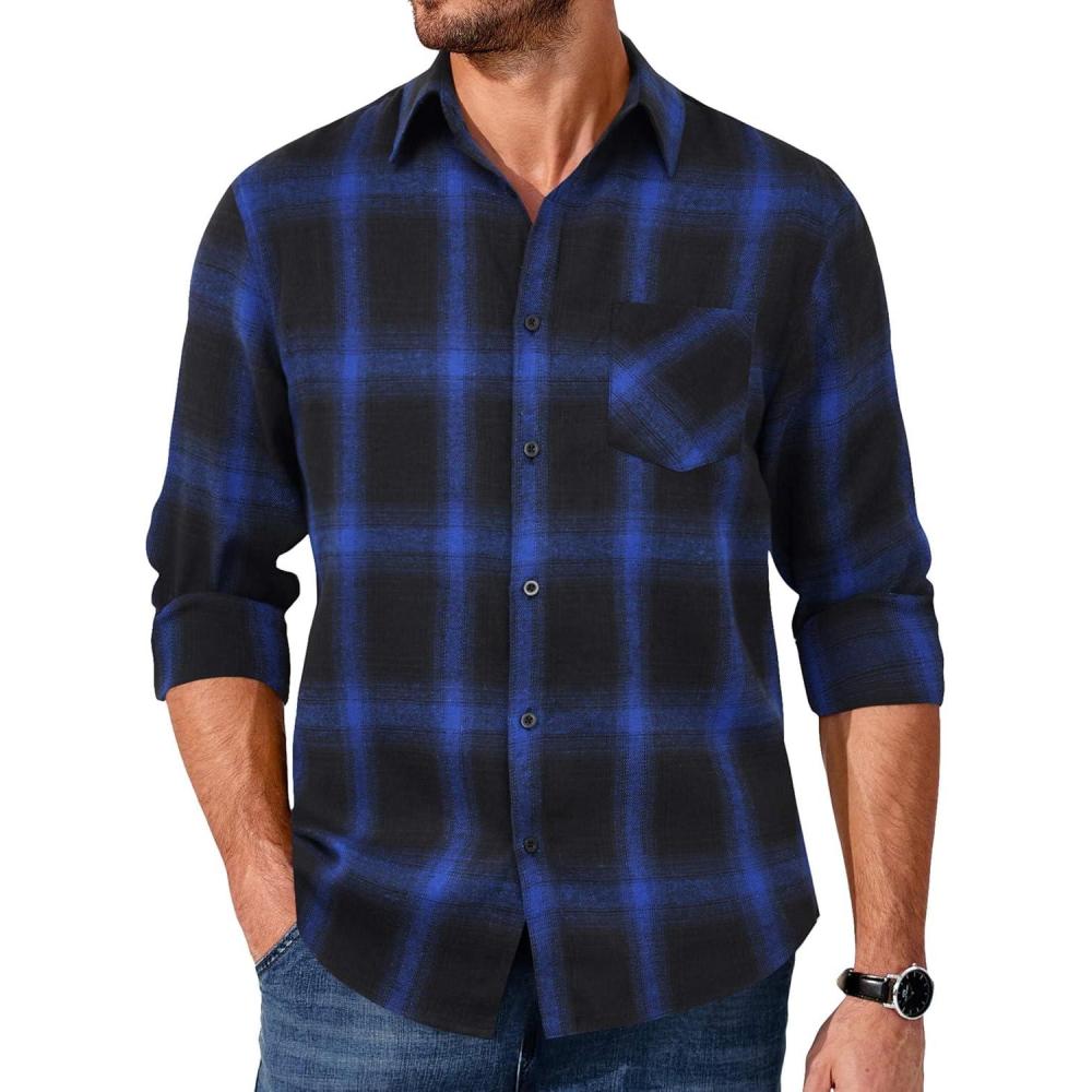imageCOOFANDY Mens Flannel Shirts Long Sleeve Button Down Plaid Shirt Lightweight ShirtBlue  Black