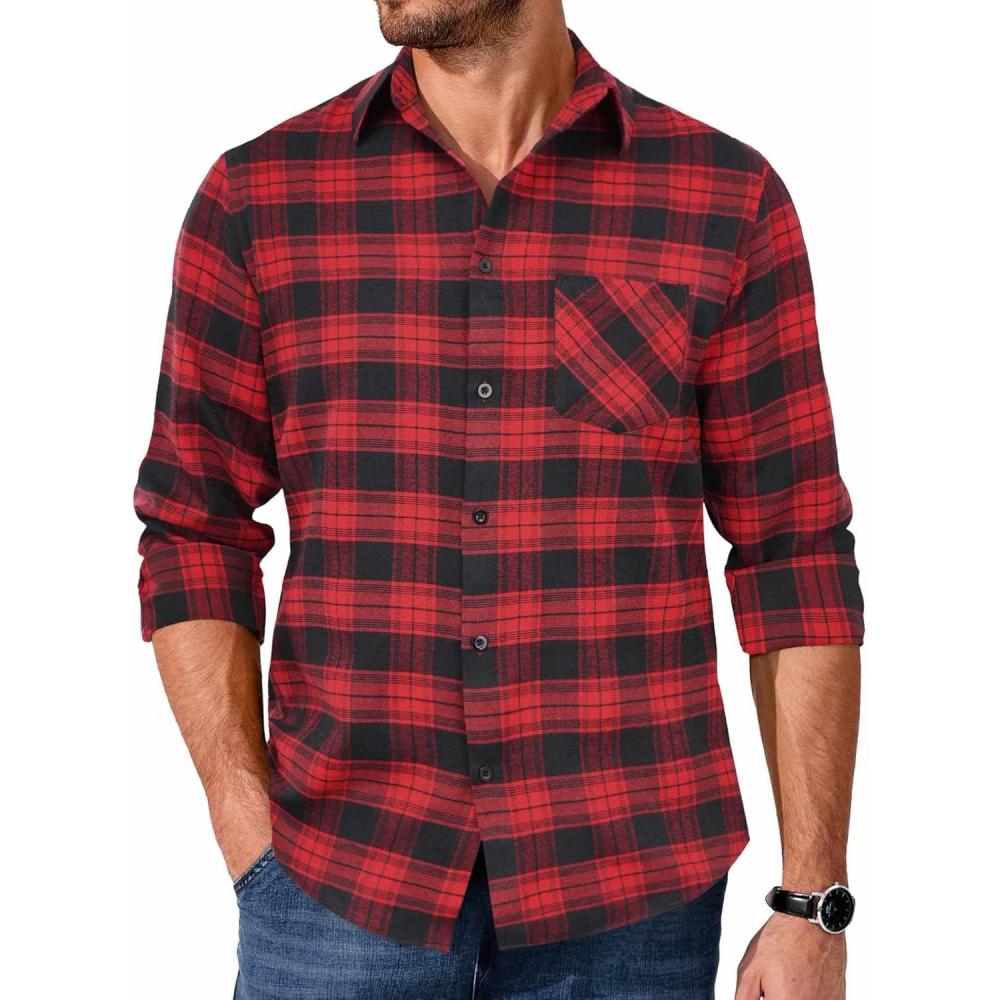 imageCOOFANDY Mens Flannel Shirts Long Sleeve Button Down Plaid Shirt Lightweight ShirtRed  Black