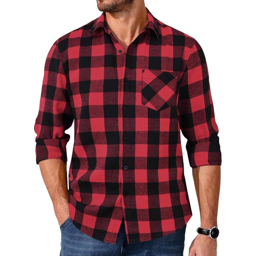 imageCOOFANDY Mens Flannel Shirts Long Sleeve Button Down Plaid Shirt Lightweight ShirtRed  Black Plaid