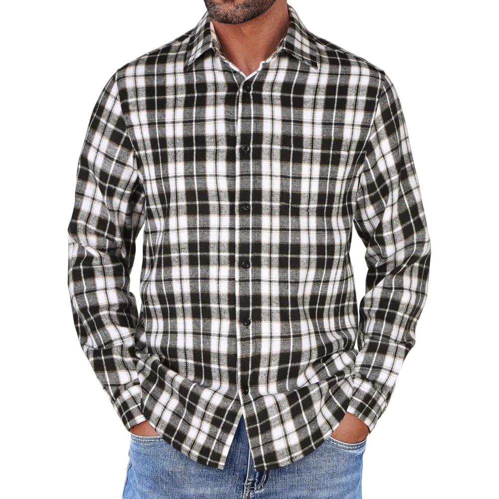 imageCOOFANDY Mens Flannel Shirts Long Sleeve Button Down Shirt with Pocket Casual Shirts Work Shirts for MenBlackWhite Checkered