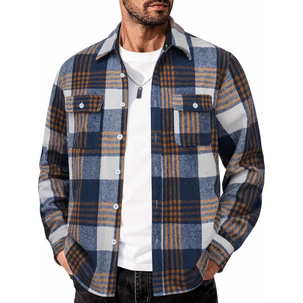 imageCOOFANDY Mens Flannel Shirts Long Sleeve Cotton Plaid Shirt Jacket Casual Button Down Shirt with Pockets