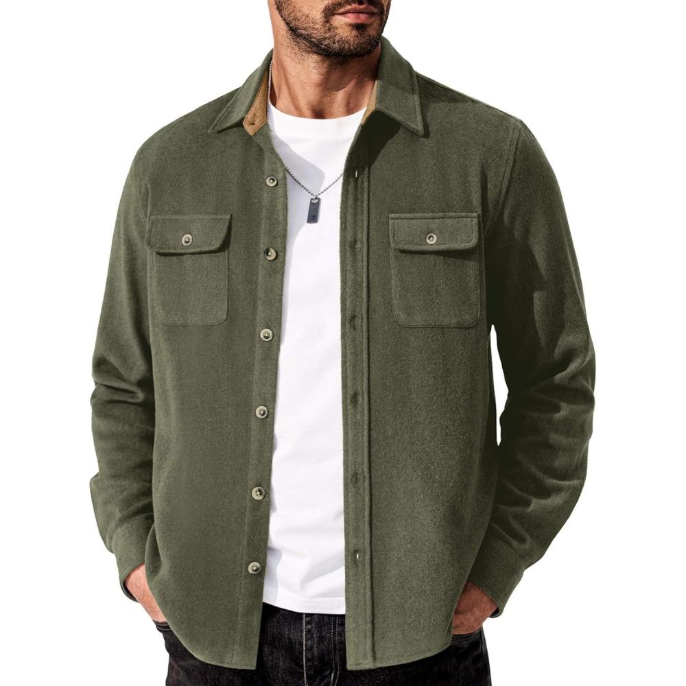 imageCOOFANDY Mens Flannel Shirts Long Sleeve Cotton Plaid Shirt Jacket Casual Button Down Shirt with PocketsSolid Army Green