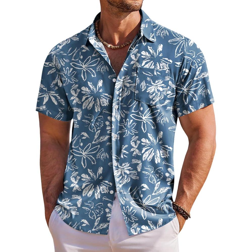 imageCOOFANDY Mens Hawaiian Shirt Short Sleeve Floral Button Down Shirts Tropical Holiday Beach ShirtsFloral Denim Blue