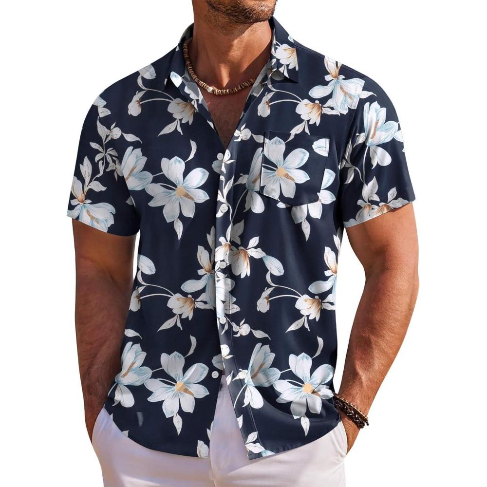 imageCOOFANDY Mens Hawaiian Shirt Short Sleeve Floral Button Down Shirts Tropical Holiday Beach ShirtsNavy  Flower 3