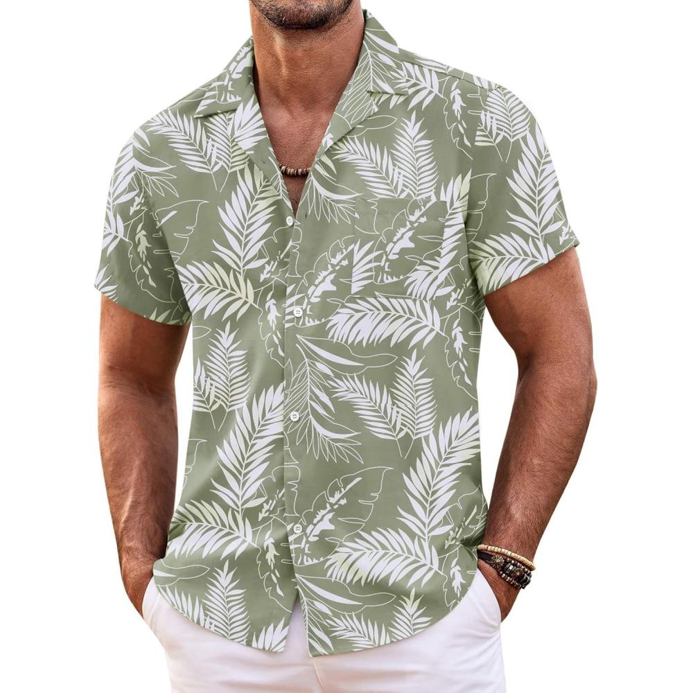 imageCOOFANDY Mens Hawaiian Shirt Short Sleeve Floral Button Down Shirts Tropical Summer Beach Shirts Camp Collar ShirtA Palm Leaf