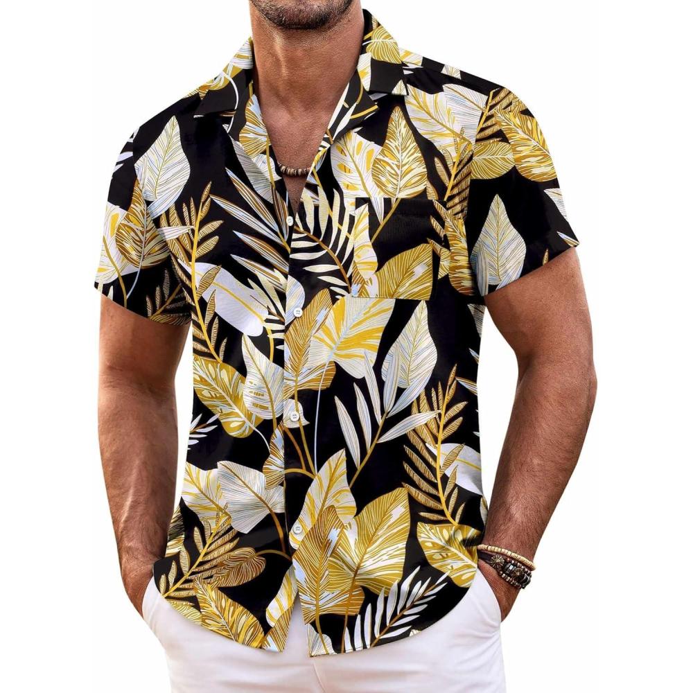 imageCOOFANDY Mens Hawaiian Shirt Short Sleeve Floral Button Down Shirts Tropical Summer Beach Shirts Camp Collar ShirtBlack Palm Leaf
