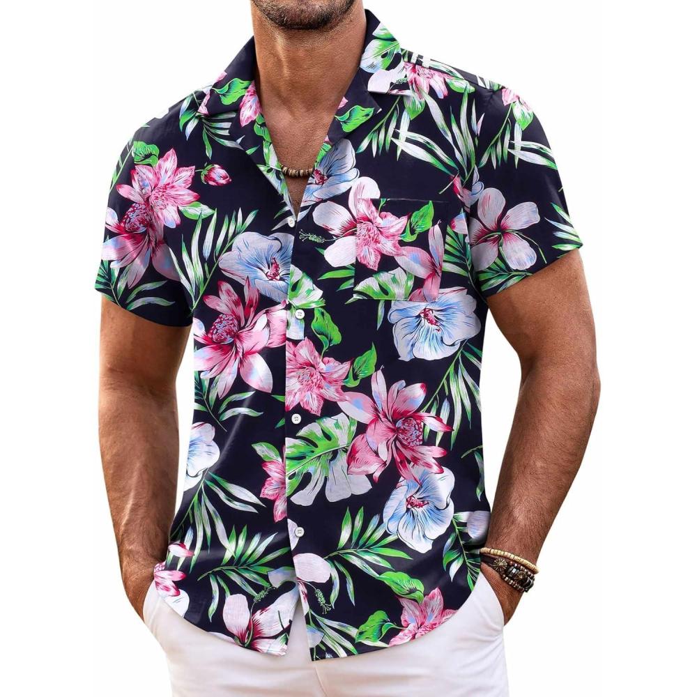 imageCOOFANDY Mens Hawaiian Shirt Short Sleeve Floral Button Down Shirts Tropical Summer Beach Shirts Camp Collar ShirtBlacktropical Floral