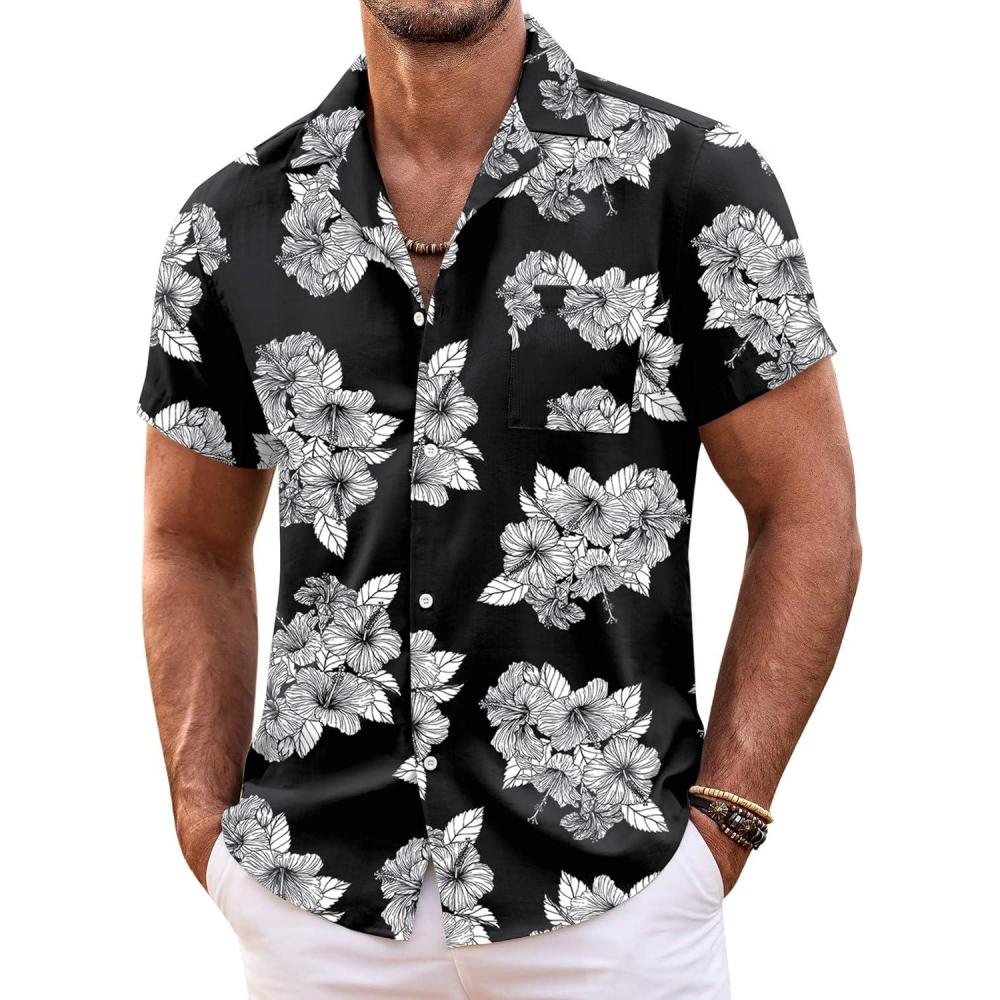 imageCOOFANDY Mens Hawaiian Shirt Short Sleeve Floral Button Down Shirts Tropical Summer Beach Shirts Camp Collar ShirtBlackwhite Floral