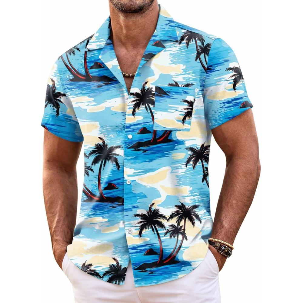 imageCOOFANDY Mens Hawaiian Shirt Short Sleeve Floral Button Down Shirts Tropical Summer Beach Shirts Camp Collar ShirtBluecoconut Tree