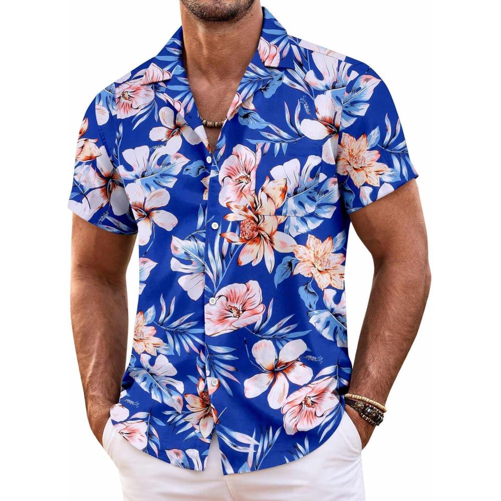 imageCOOFANDY Mens Hawaiian Shirt Short Sleeve Floral Button Down Shirts Tropical Summer Beach Shirts Camp Collar ShirtBluetropical Floral