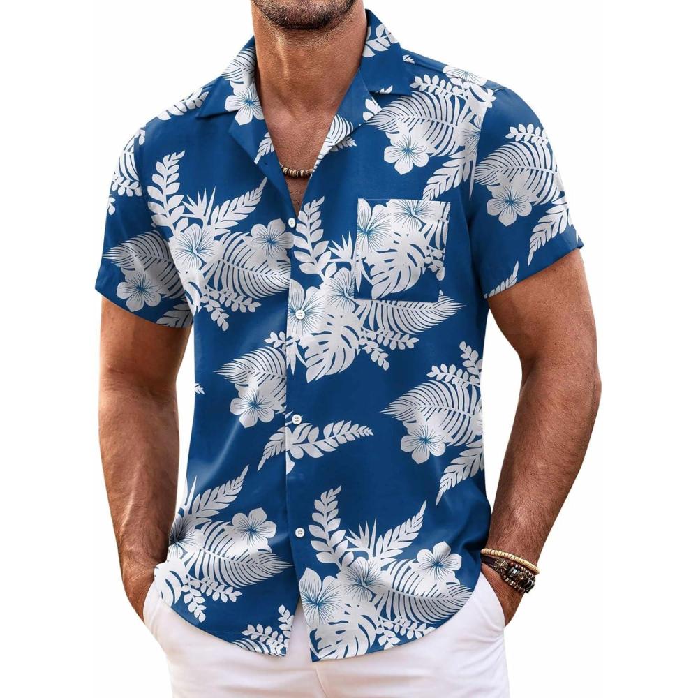 imageCOOFANDY Mens Hawaiian Shirt Short Sleeve Floral Button Down Shirts Tropical Summer Beach Shirts Camp Collar ShirtBluewhite Floral