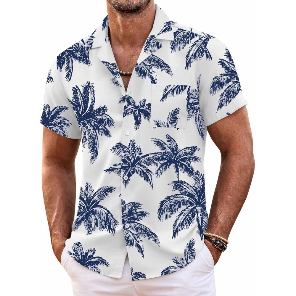 imageCOOFANDY Mens Hawaiian Shirt Short Sleeve Floral Button Down Shirts Tropical Summer Beach Shirts Camp Collar ShirtCoconut Treewhite