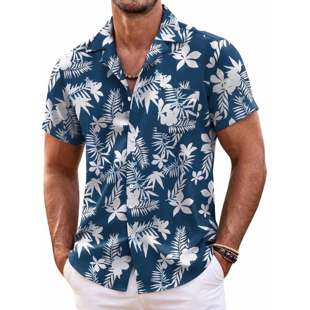 imageCOOFANDY Mens Hawaiian Shirt Short Sleeve Floral Button Down Shirts Tropical Summer Beach Shirts Camp Collar ShirtDark Bluewhite Floral