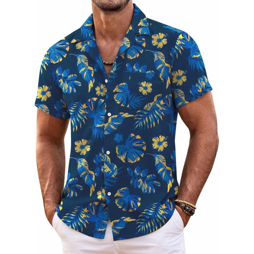 imageCOOFANDY Mens Hawaiian Shirt Short Sleeve Floral Button Down Shirts Tropical Summer Beach Shirts Camp Collar ShirtDeep Blueyellow Floral