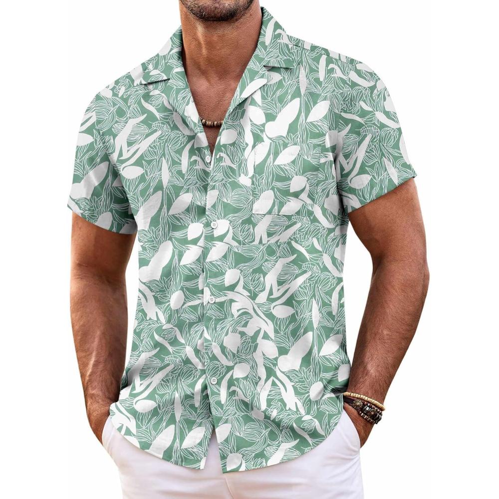 imageCOOFANDY Mens Hawaiian Shirt Short Sleeve Floral Button Down Shirts Tropical Summer Beach Shirts Camp Collar ShirtGreen Leaf