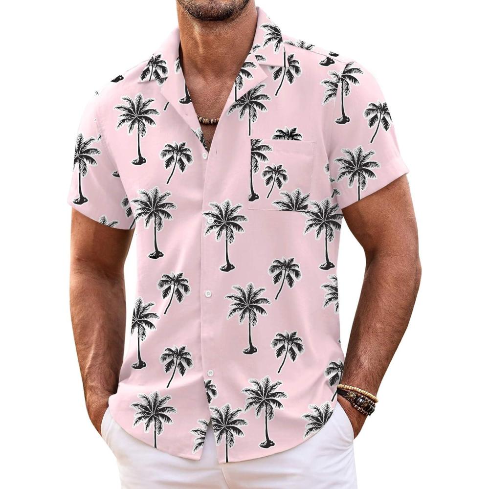 imageCOOFANDY Mens Hawaiian Shirt Short Sleeve Floral Button Down Shirts Tropical Summer Beach Shirts Camp Collar ShirtPinkcoconut Tree