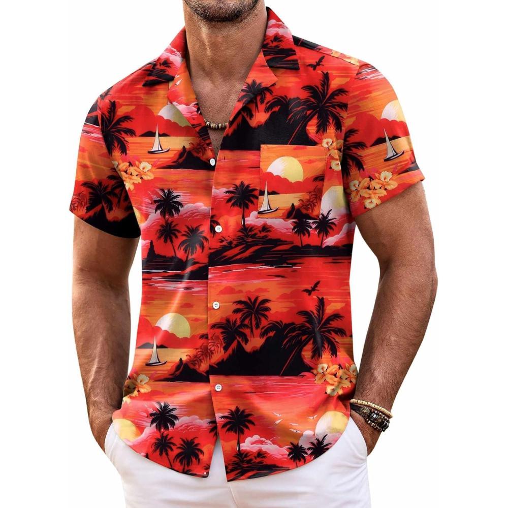 imageCOOFANDY Mens Hawaiian Shirt Short Sleeve Floral Button Down Shirts Tropical Summer Beach Shirts Camp Collar ShirtRedisland Sunset
