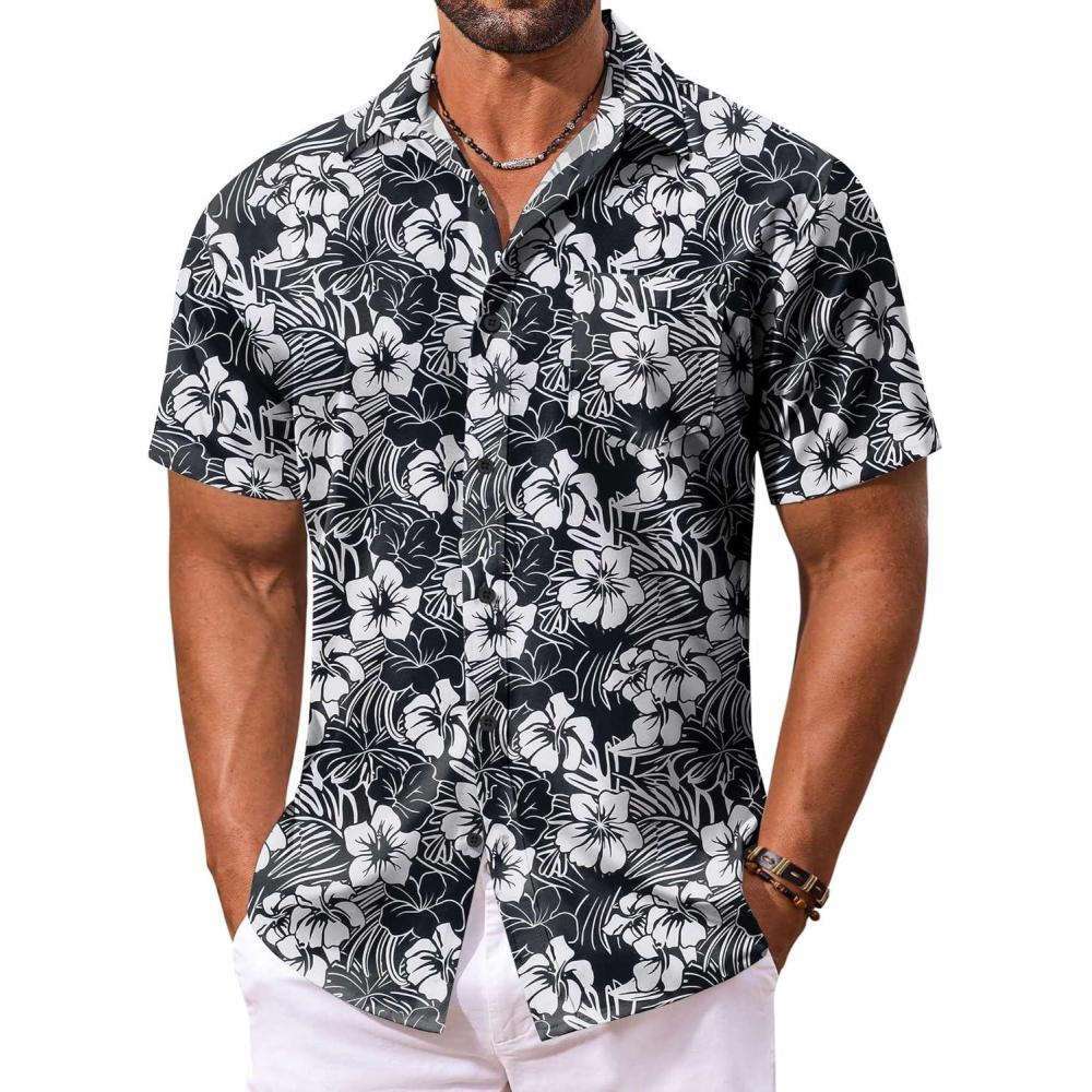 imageCOOFANDY Mens Hawaiian Shirt Short Sleeve Floral Button Down Shirts Tropical Vacation Beach Shirts with PocketBlack  White Flower