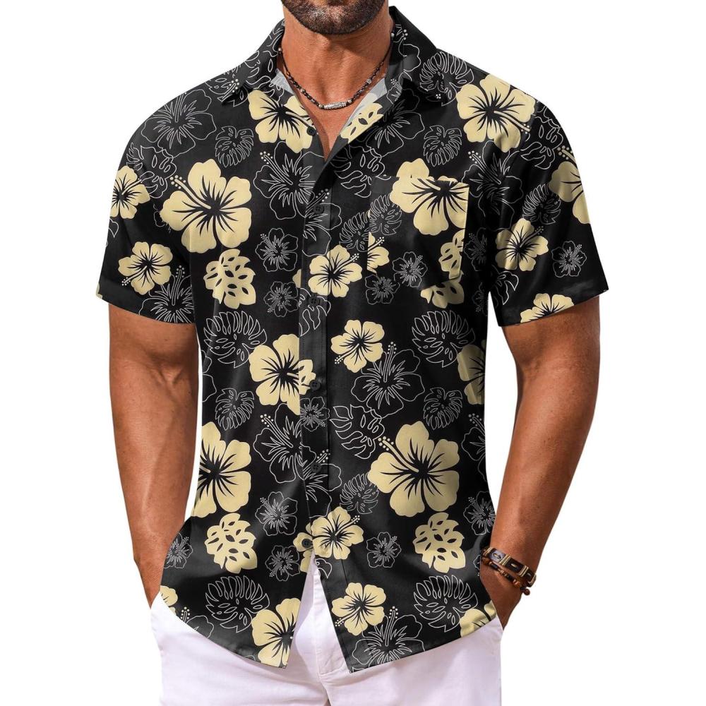 imageCOOFANDY Mens Hawaiian Shirt Short Sleeve Floral Button Down Shirts Tropical Vacation Beach Shirts with PocketBlack  Yellow Flower