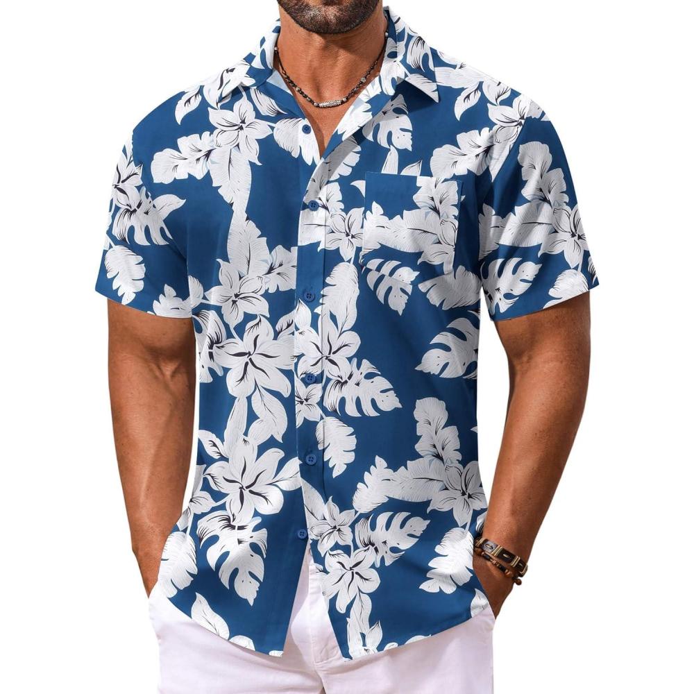 imageCOOFANDY Mens Hawaiian Shirt Short Sleeve Floral Button Down Shirts Tropical Vacation Beach Shirts with PocketBlue  White Flower