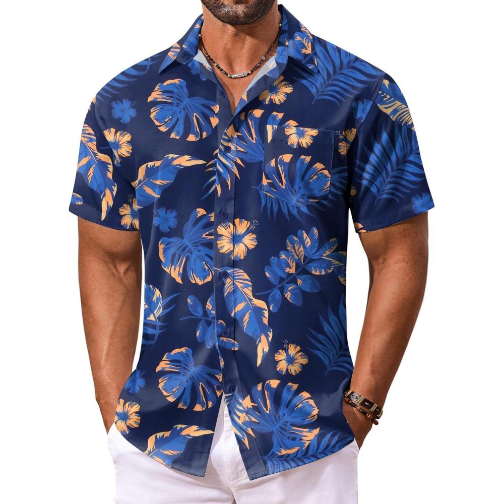imageCOOFANDY Mens Hawaiian Shirt Short Sleeve Floral Button Down Shirts Tropical Vacation Beach Shirts with PocketDeep Blue  Leaf