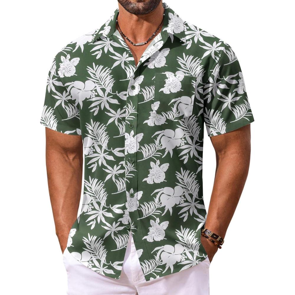 imageCOOFANDY Mens Hawaiian Shirt Short Sleeve Floral Button Down Shirts Tropical Vacation Beach Shirts with PocketGreen  White Flower