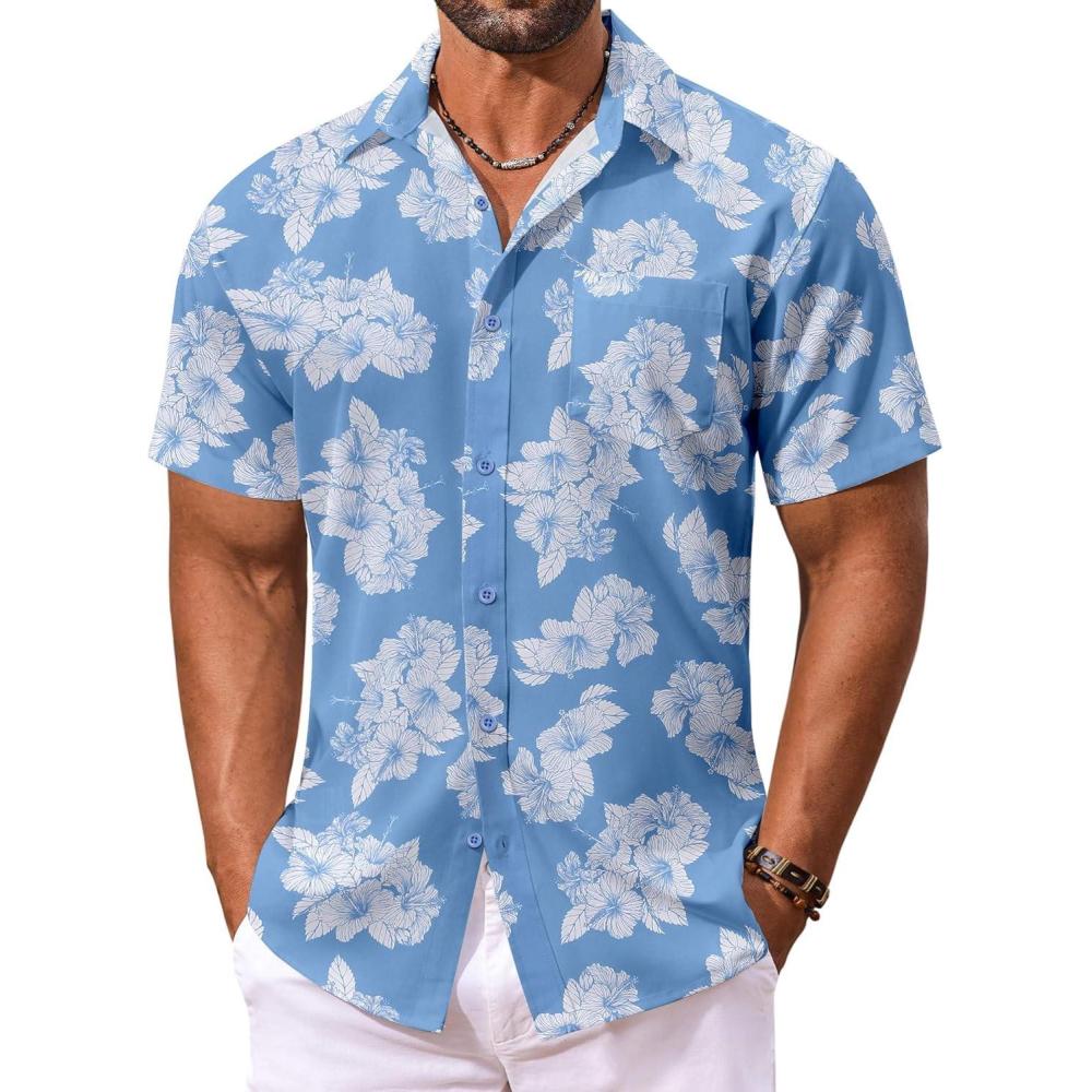 imageCOOFANDY Mens Hawaiian Shirt Short Sleeve Floral Button Down Shirts Tropical Vacation Beach Shirts with PocketLight Blue  White Leaf