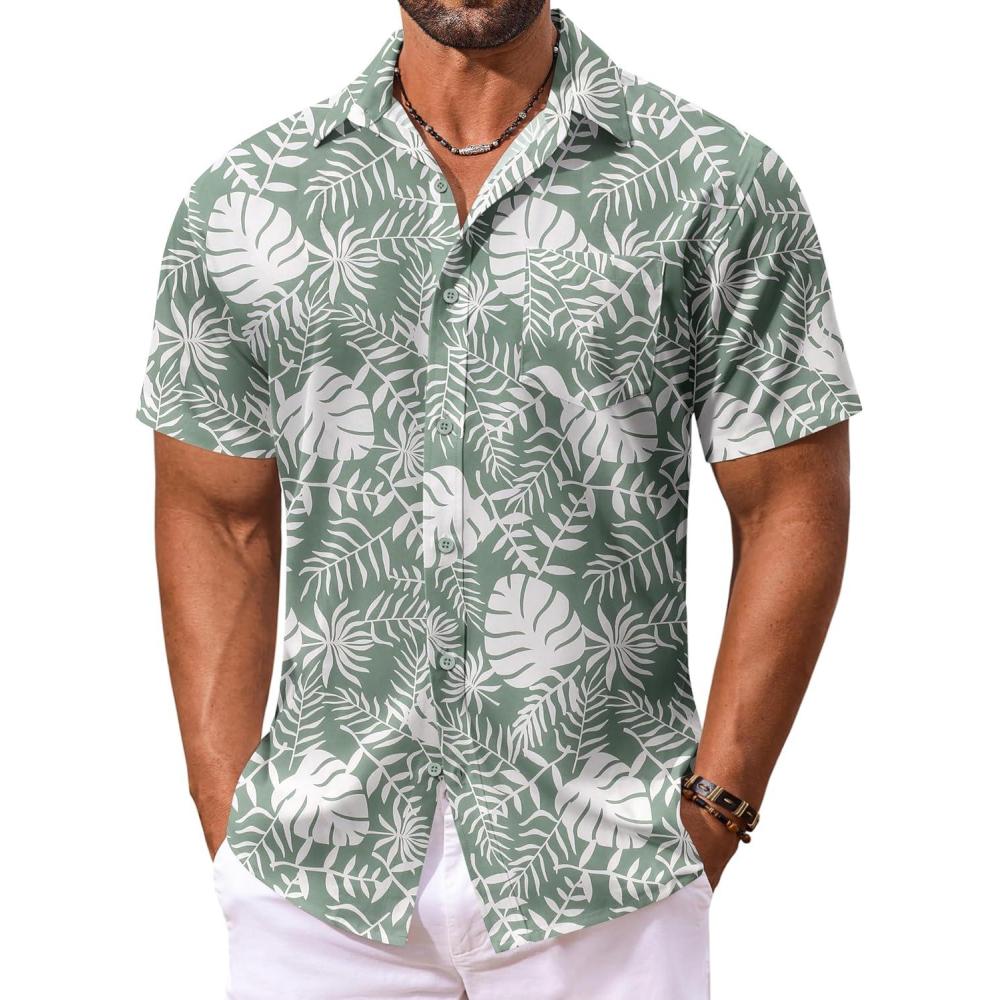 imageCOOFANDY Mens Hawaiian Shirt Short Sleeve Floral Button Down Shirts Tropical Vacation Beach Shirts with PocketLight Green  White Leaf
