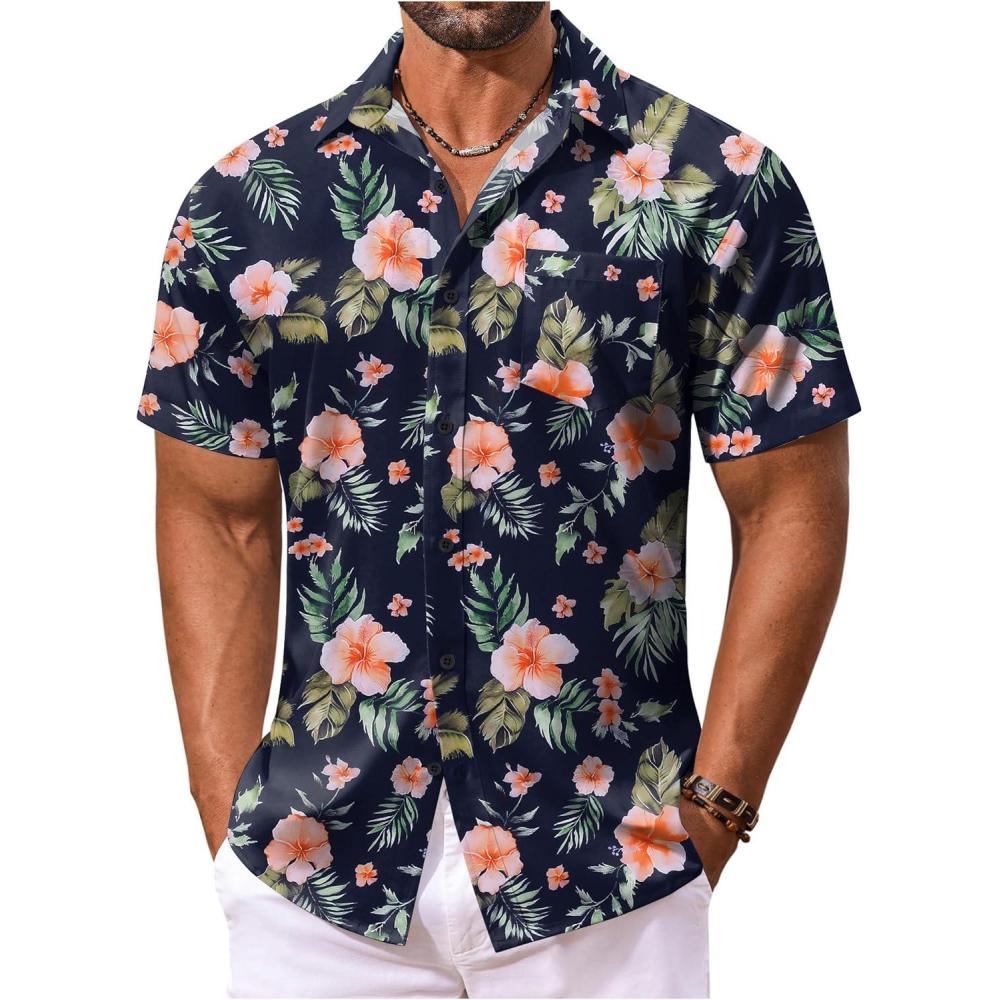imageCOOFANDY Mens Hawaiian Shirt Short Sleeve Floral Button Down Shirts Tropical Vacation Beach Shirts with PocketNavy  Pink Floral