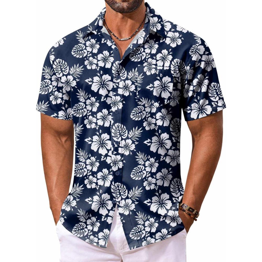 imageCOOFANDY Mens Hawaiian Shirt Short Sleeve Floral Button Down Shirts Tropical Vacation Beach Shirts with PocketNavy  White Flower