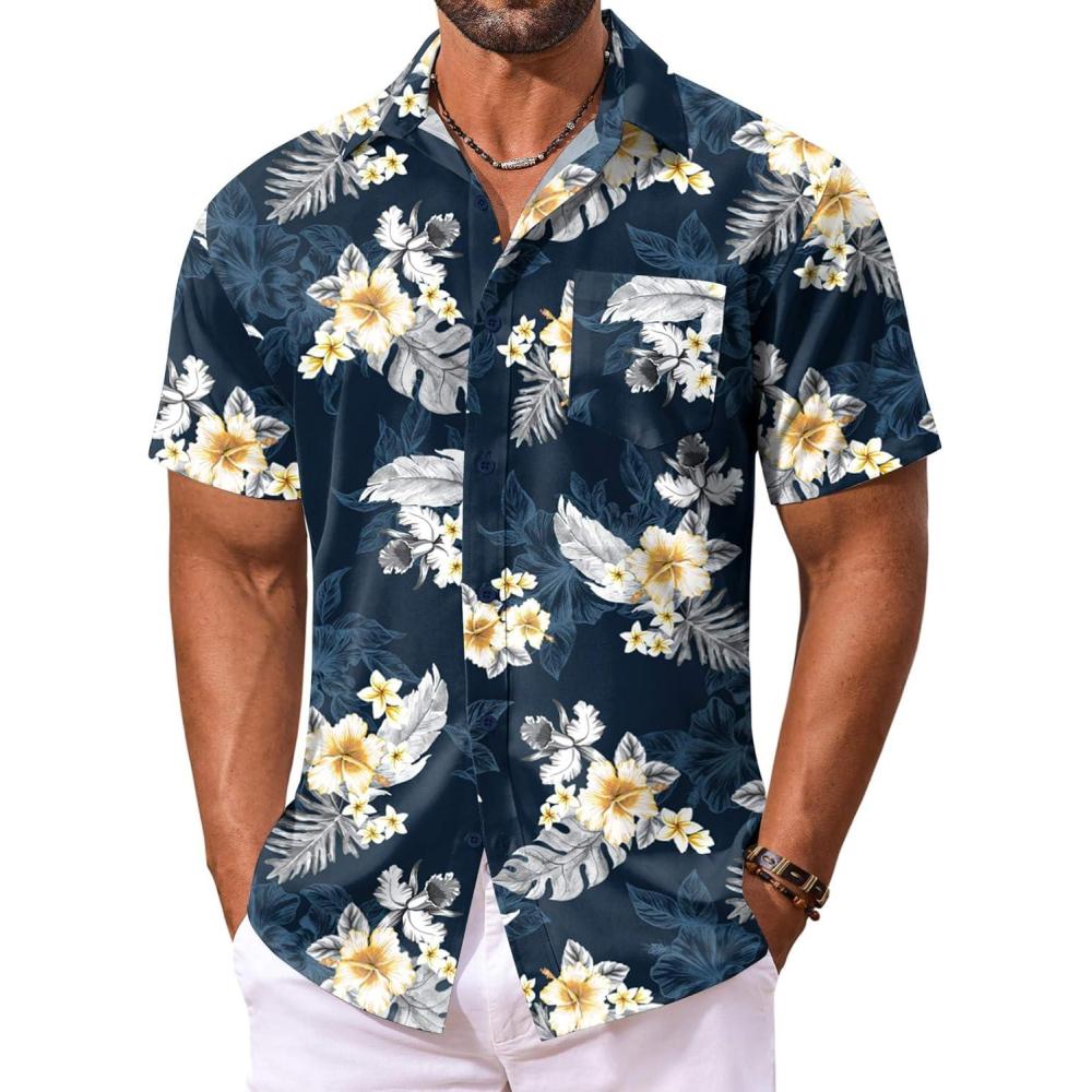 imageCOOFANDY Mens Hawaiian Shirt Short Sleeve Floral Button Down Shirts Tropical Vacation Beach Shirts with PocketNavy Blue  Flower
