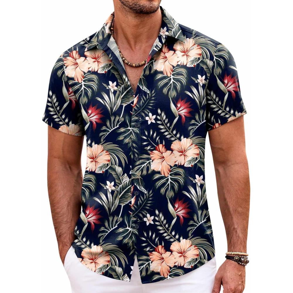 imageCOOFANDY Mens Hawaiian Shirts Short Sleeve Casual Button Down Beach Vacation Summer ShirtNavy Bluetropical Floral