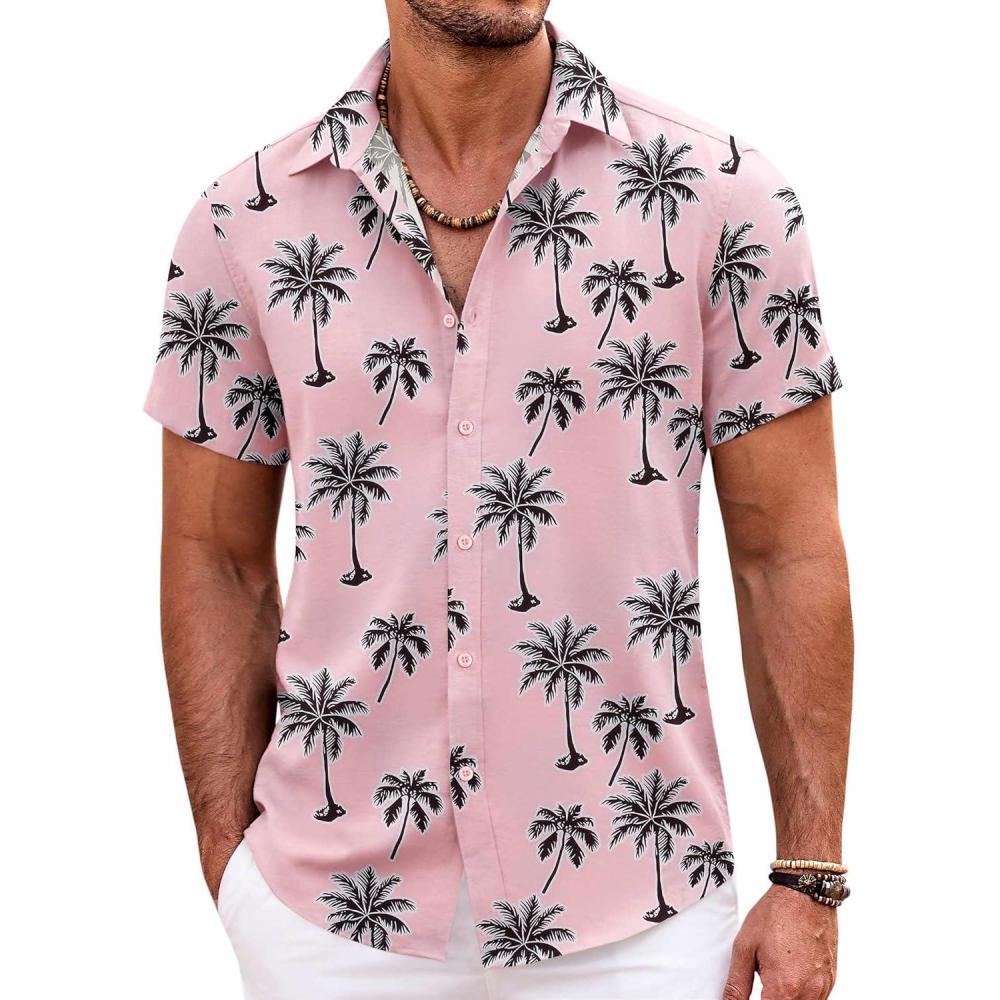 imageCOOFANDY Mens Hawaiian Shirts Short Sleeve Casual Button Down Beach Vacation Summer ShirtPinkcoconut Tree
