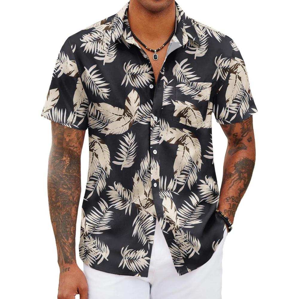 imageCOOFANDY Mens Hawaiian Shirts Short Sleeve Tropical Button Down Shirts Floral Summer Beach ShirtBlack  Khaki Leaves