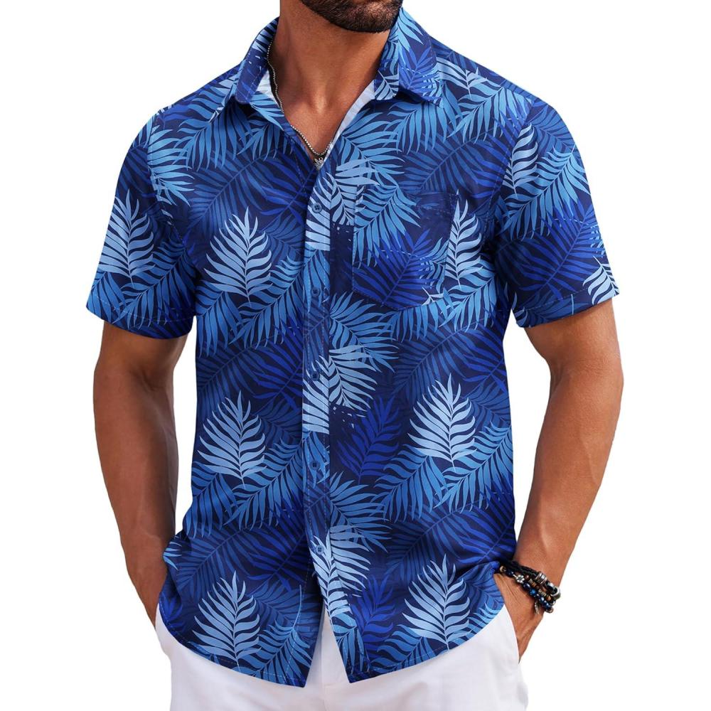 imageCOOFANDY Mens Hawaiian Shirts Short Sleeve Tropical Button Down Shirts Floral Summer Beach ShirtBlue  Palm Leaf