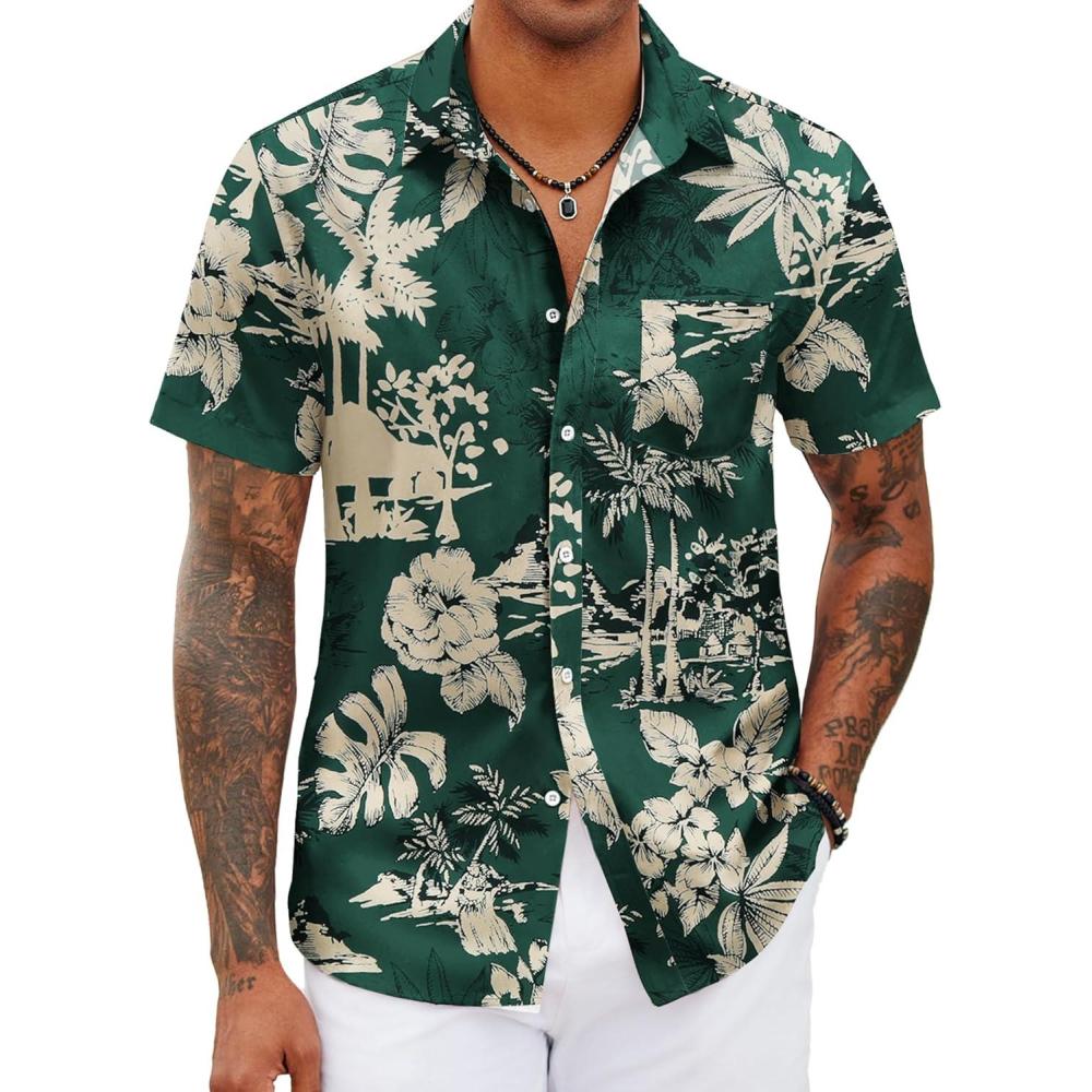imageCOOFANDY Mens Hawaiian Shirts Short Sleeve Tropical Button Down Shirts Floral Summer Beach ShirtGreen  Palm Tree