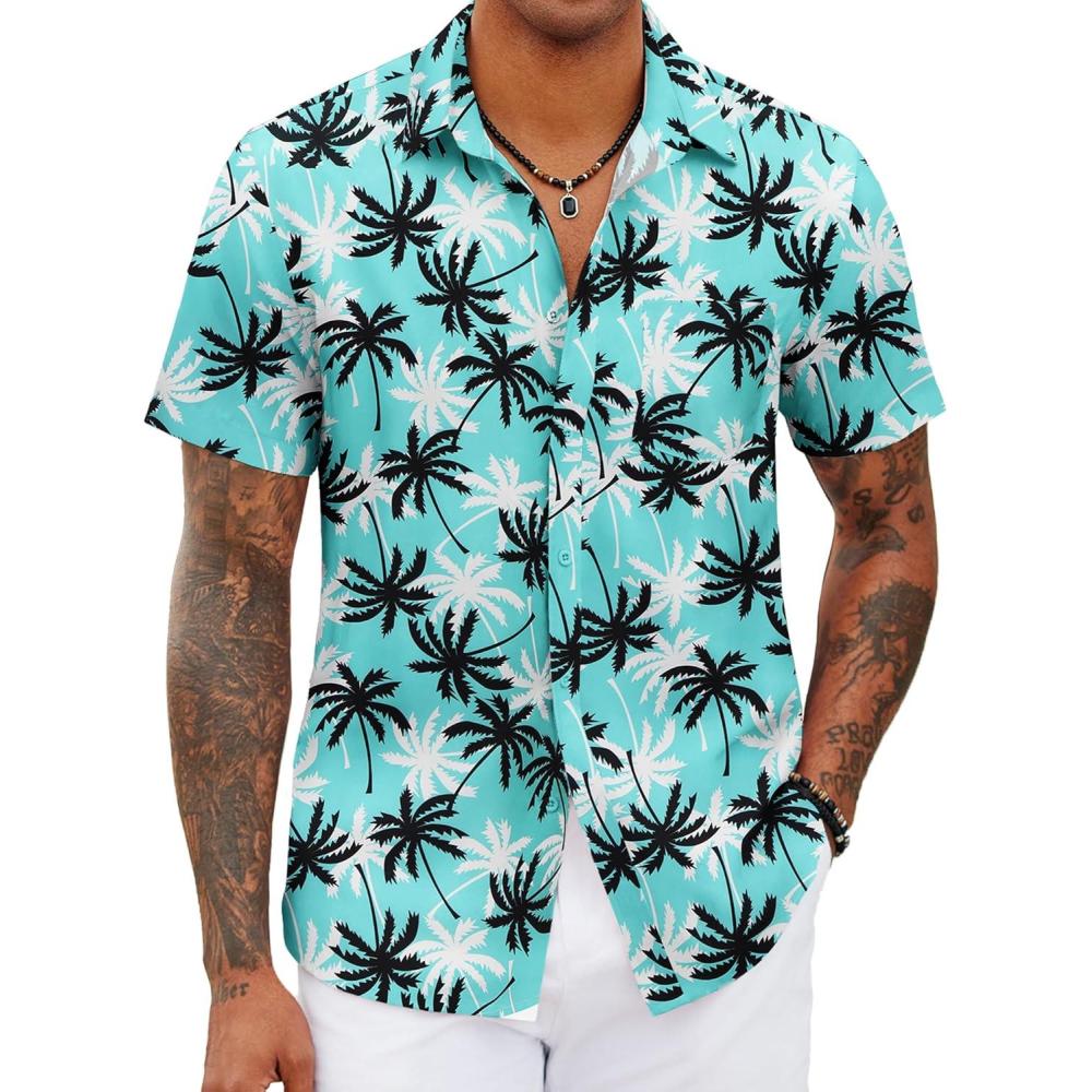 imageCOOFANDY Mens Hawaiian Shirts Short Sleeve Tropical Button Down Shirts Floral Summer Beach ShirtLake Green  Palm Tree