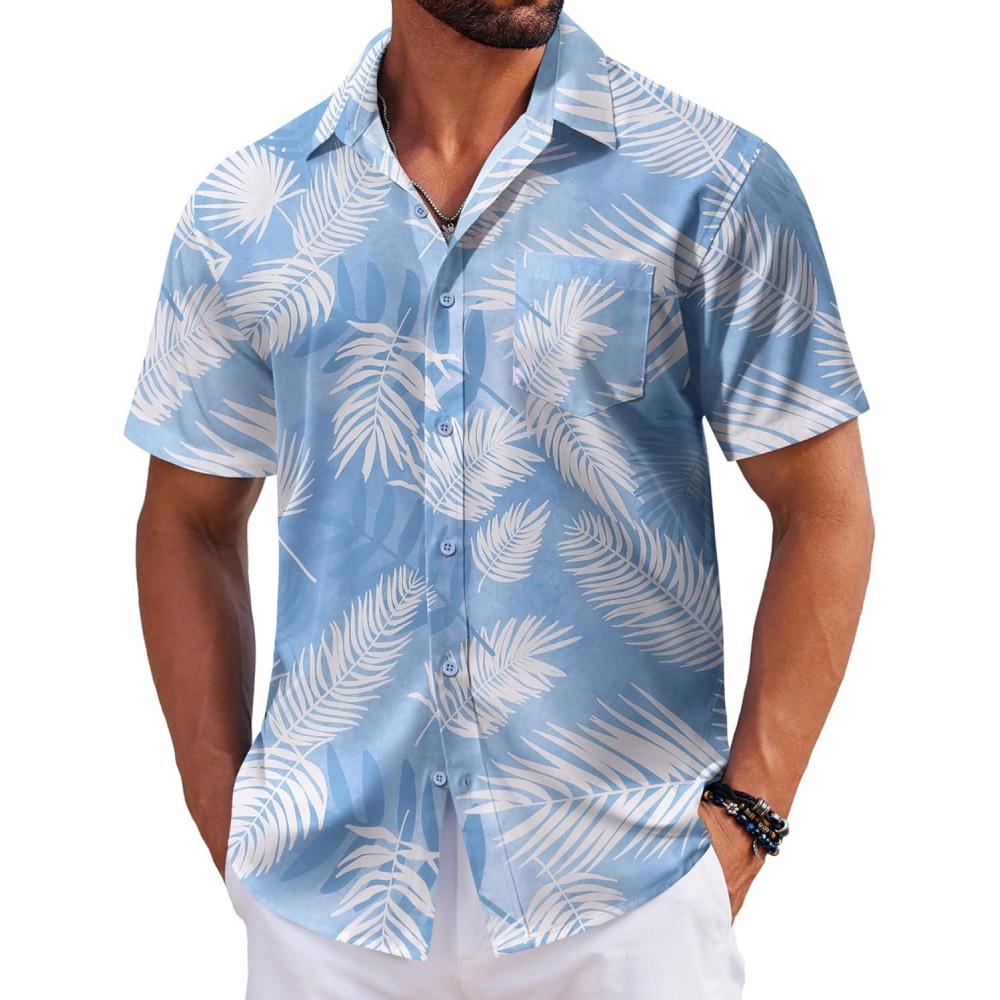 imageCOOFANDY Mens Hawaiian Shirts Short Sleeve Tropical Button Down Shirts Floral Summer Beach ShirtLight Blue  Plam Leaf
