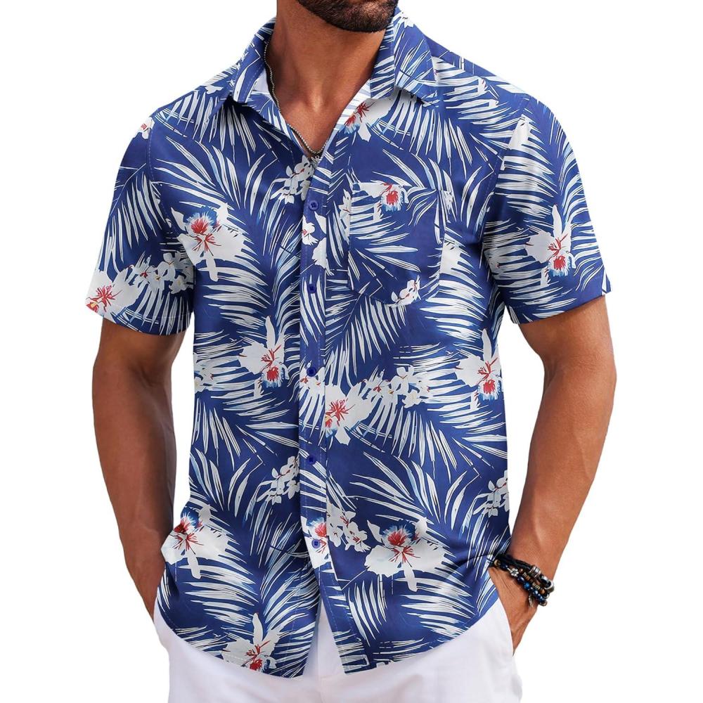 imageCOOFANDY Mens Hawaiian Shirts Short Sleeve Tropical Button Down Shirts Floral Summer Beach ShirtNavy Blue  White Leaf