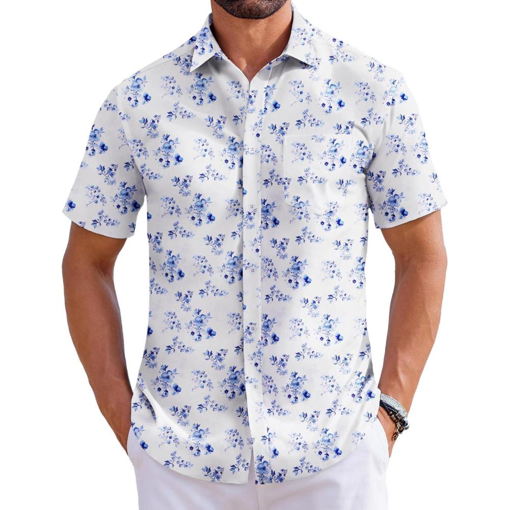 imageCOOFANDY Mens Hawaiian Shirts Short Sleeve Tropical Button Down Shirts Floral Summer Beach ShirtWhite Blue Floral