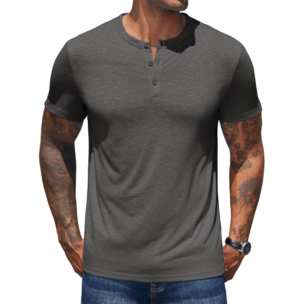 imageCOOFANDY Mens Henley Shirts Short Sleeve Casual Basic Henley Tee Summer Button Lightweight Stretch T ShirtsDark Gray