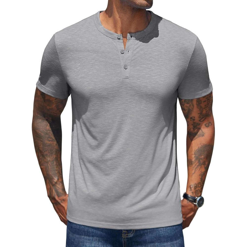 imageCOOFANDY Mens Henley Shirts Short Sleeve Casual Basic Henley Tee Summer Button Lightweight Stretch T ShirtsLight Gray