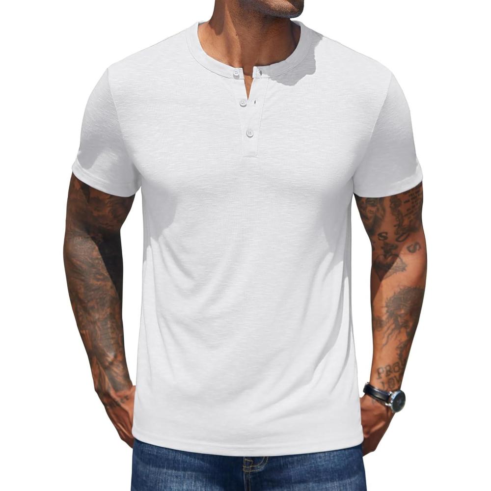 imageCOOFANDY Mens Henley Shirts Short Sleeve Casual Basic Henley Tee Summer Button Lightweight Stretch T ShirtsWhite