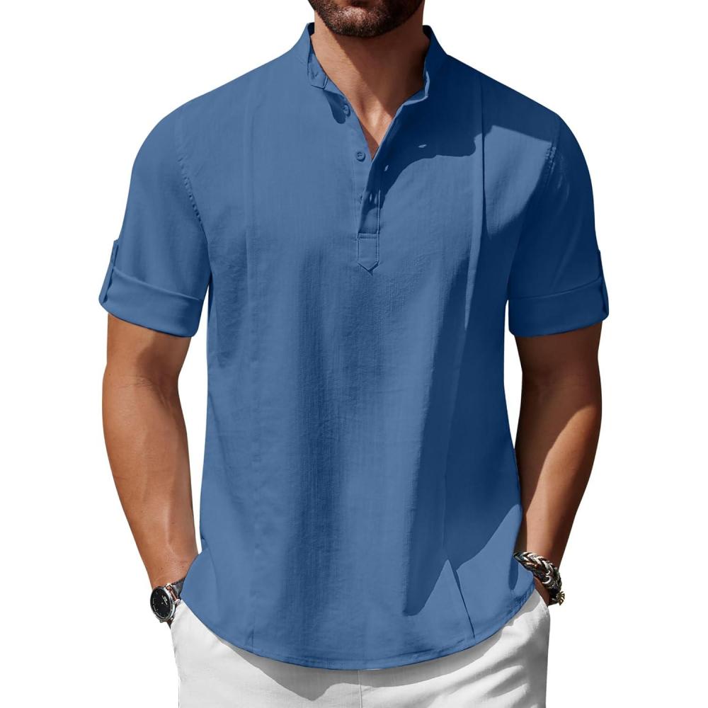 imageCOOFANDY Mens Henley TShirts Short Sleeve Casual Button Henley Shirts Band Collar Tee Summer Beach Hippie ShirtsDenim Blue