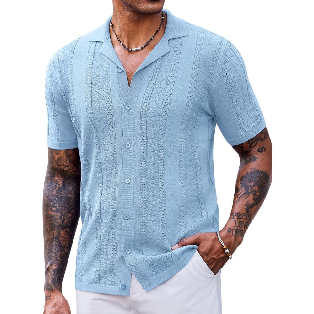 imageCOOFANDY Mens Knit Shirts Vintage Short Sleeve Button Down Shirt Casual Summer Beach ShirtLight Blue