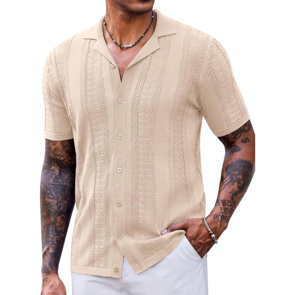 imageCOOFANDY Mens Knit Shirts Vintage Short Sleeve Button Down Shirt Casual Summer Beach ShirtLight Khaki