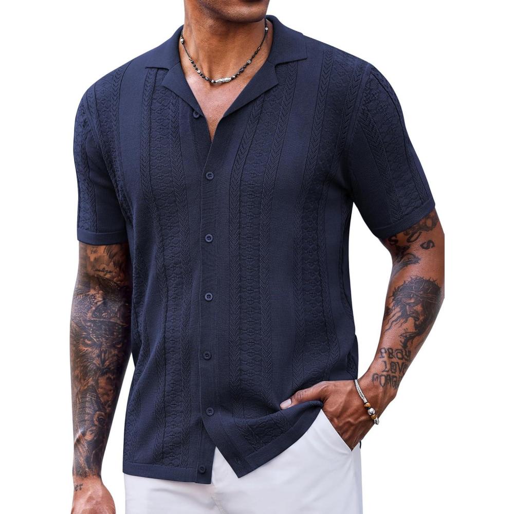 imageCOOFANDY Mens Knit Shirts Vintage Short Sleeve Button Down Shirt Casual Summer Beach ShirtNavy Blue